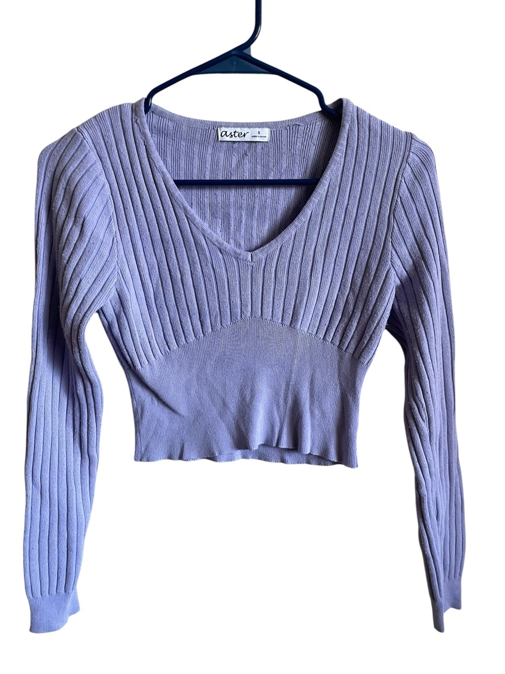 Aster Lavender VNeck Ribbed Knit Crop Sweater Size S Long Sleeve Purple Coquette